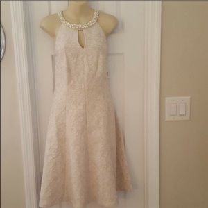 NWOT champagne tea length bridal dress with pearls